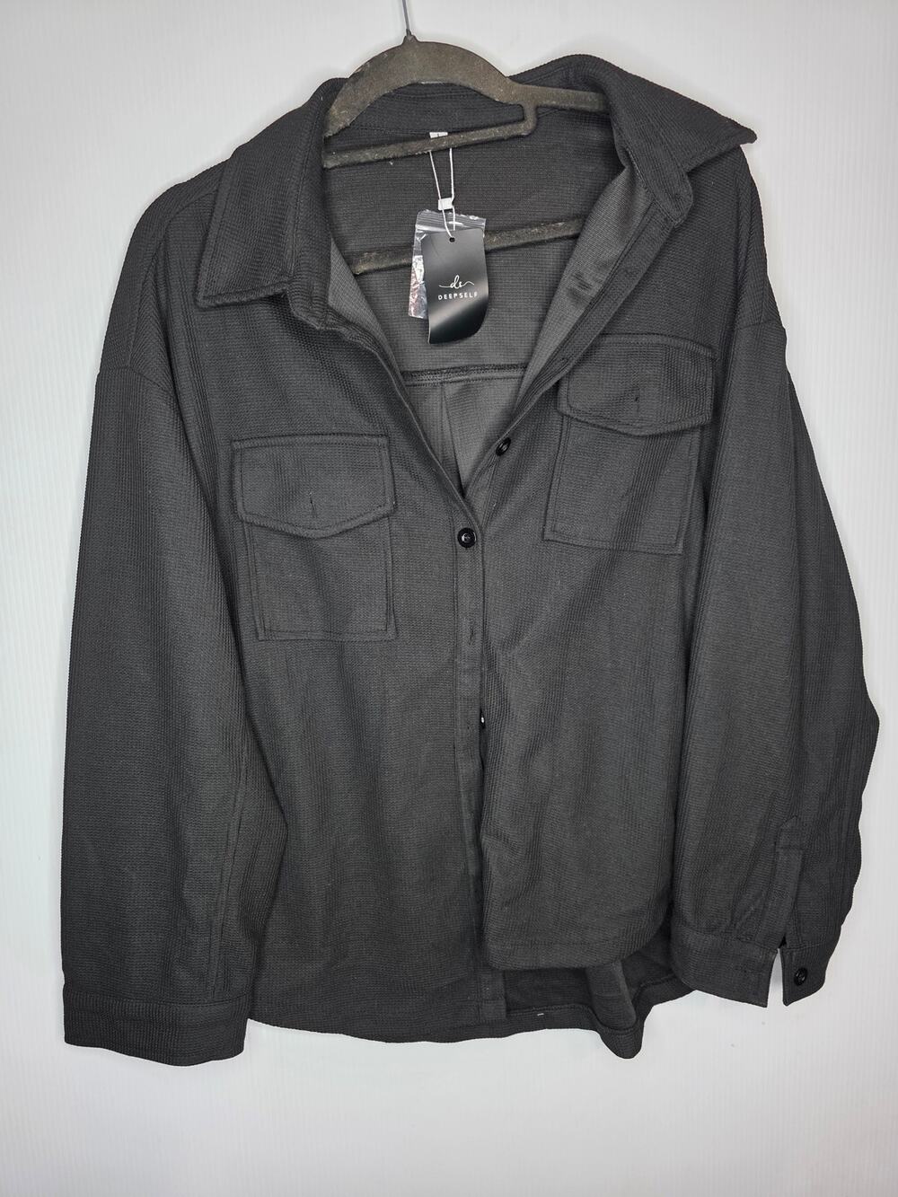 DEEPSELF Size L Black Waffle Knit Button-Up Shacket Jacket Oversized Shirt